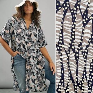 BOGO! By Anthropologie Printed Button Front Tunic Blouse Blue Size Small